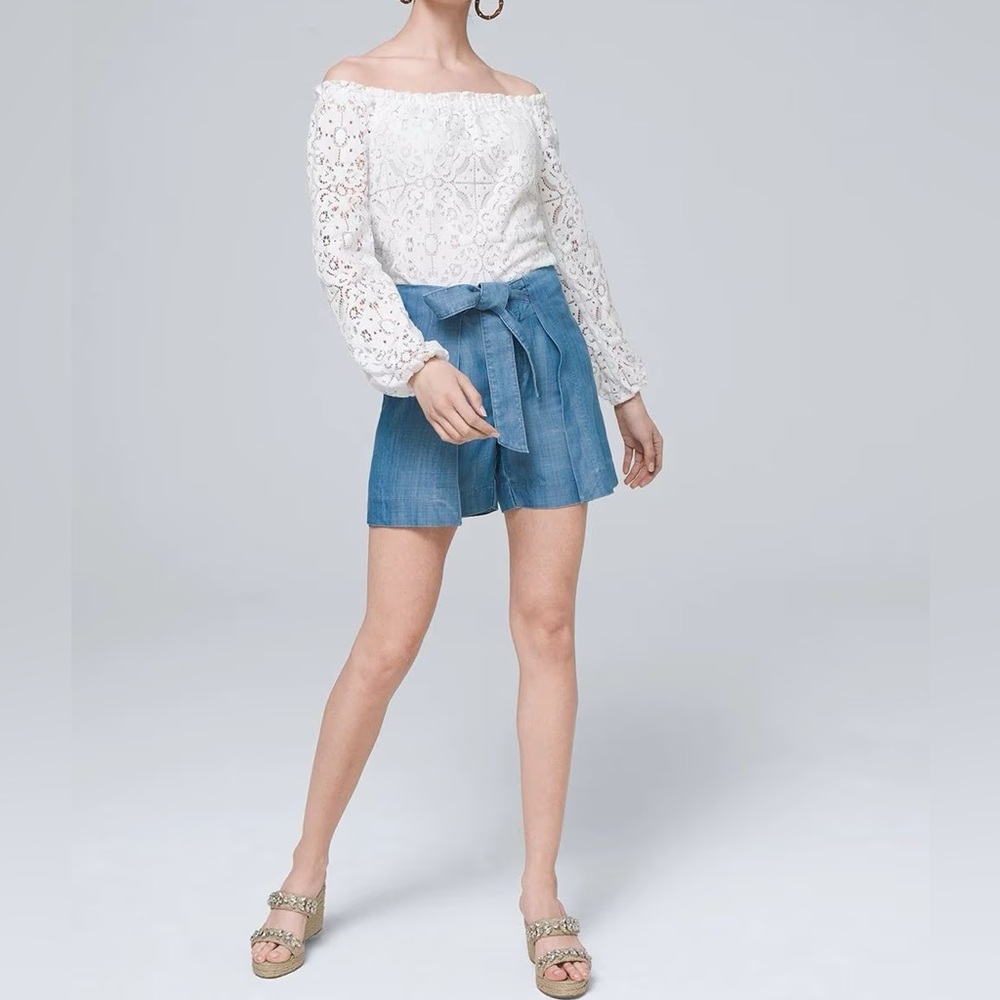 WHBM HIGH RISE SOFT DENIM WRAP-OVER SHORTS - Picture 3 of 5